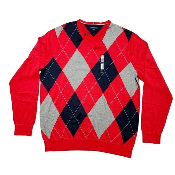 Tommy Hilfiger Men's Argyle Sweater V-neck‎ Pullover Red 3XL - Picture 1 of 6